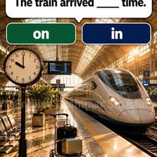 A train arriving beside a station clock at the scheduled time