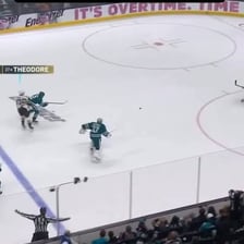 Ice hockey goalie defending a net in a San Jose Sharks uniform