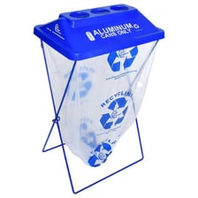 Used aluminum cans collected in a recycling bin