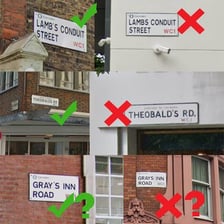 A London street scene featuring signs written in English.