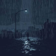A gloomy, rainy scene conveying sadness.