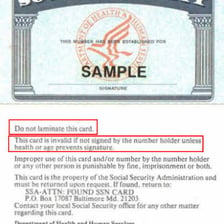 A United States Social Security card showing the format of a Social Security number.