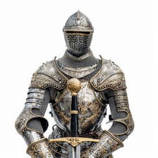 A knight wearing armor in a formal medieval setting.