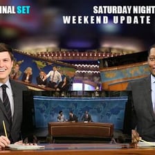 The Weekend Update desk on the Saturday Night Live set