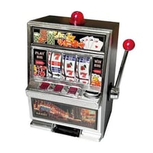 A traditional slot machine with a lever on one side.