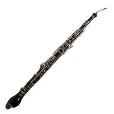 An oboe displayed alongside a larger cor anglais.