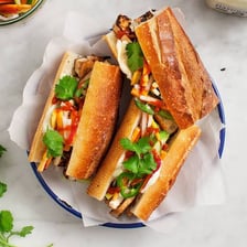 A Vietnamese bánh mì sandwich in a baguette.