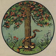 A biblical-style illustration of the Garden of Eden with a serpent.