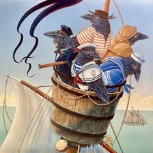 A sailing ship with a crow’s nest high on its mast