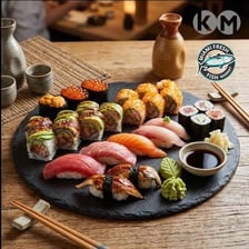 A platter of sushi featuring fish