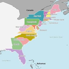 A map showing Delaware on the eastern coast of the United States.
