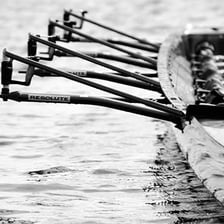 A rowing crew member holding an oar in a racing shell.