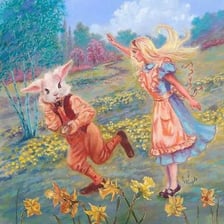 An illustration of Alice following the White Rabbit