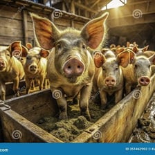 Pigs standing in a simple outdoor pigsty