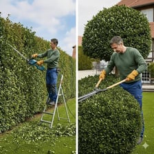 A gardener cutting back a hedge with pruning shears