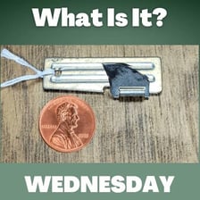 A very small object shown beside a coin for scale.