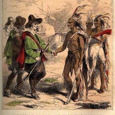 A historical illustration of colonists departing their homeland for a new colony.
