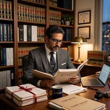 A lawyer examining documents for a legal case