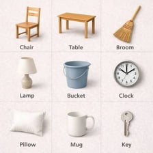 A collection of commonplace everyday objects arranged on a table