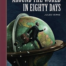 A book cover or illustration associated with Phileas Fogg’s round-the-world journey