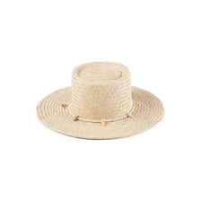 A traditional flat-topped straw boater hat.