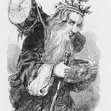 A traditional illustration of Father Christmas in a red suit.