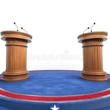 Two debate podiums representing opposing pro and con sides.