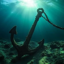A ship anchor resting on the seafloor.