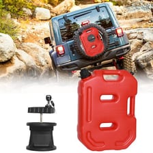 A portable fuel can beside a car stopped at the roadside.