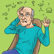 An elderly person appears thoughtful in an educational illustration about memory.