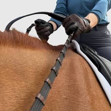 Hands pulling reins to slow or stop a horse.