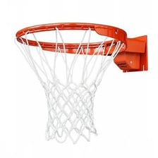 A basketball rim with a net attached.