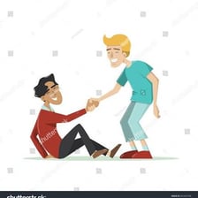 A smiling person helping someone else.