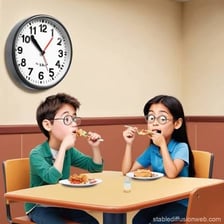 A lunch scene beside a clock showing one o'clock