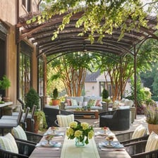 An outdoor restaurant patio set up for dining
