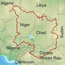 A map of West Africa showing Niger west of Chad