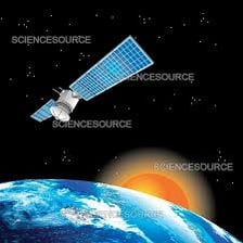 A satellite traveling along an orbital path around Earth.