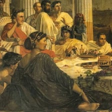 A classical-style painting of a lavish ancient Roman feast.