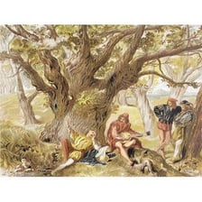 A wooded scene representing Shakespeare’s Forest of Arden.