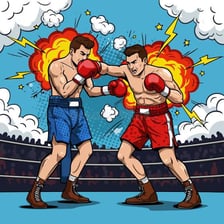 A stylized comic scene of one character striking another.