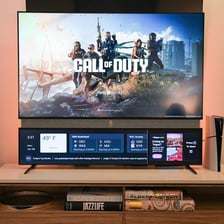 A television displaying a commercial advertisement