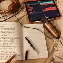 A microphone and notebook sit together during songwriting.