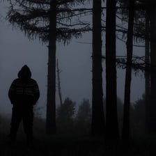 A person partly concealed in a dimly lit shadow.