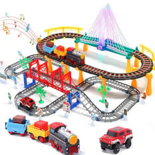A colorful toy train intended for a young child.