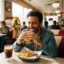 A person enthusiastically eating a hearty meal.