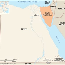 A map showing the Sinai Peninsula immediately east of the Suez Canal.