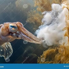 A cuttlefish releasing a dark cloud of ink underwater