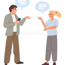 A person engaged in a short, restrained conversation