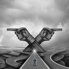 A traveler facing a crossroads and taking the wrong path.