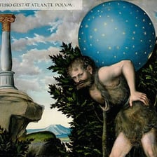 A depiction of enormous giants standing above ordinary people